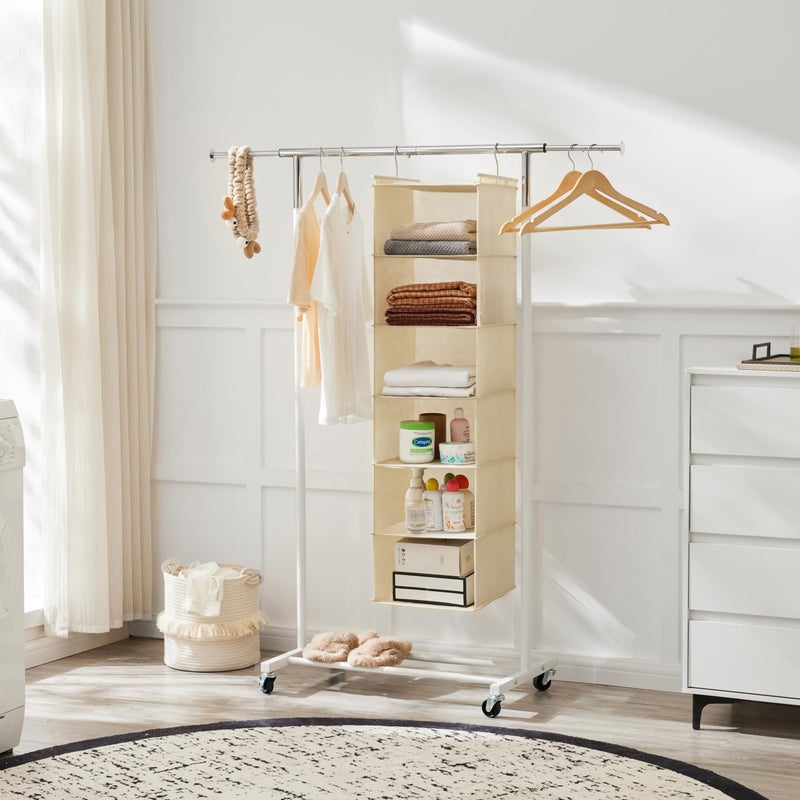 MAX Houser 6 Tier Shelf Hanging Closet Organizer, Cloth Hanging Shelf with 2 Sturdy Hooks for Storage, Foldable (Beige) - Image 3